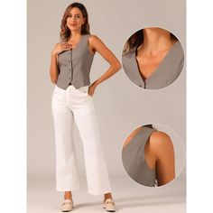 Elevate your summer wardrobe with a fashionable women's vest waistcoat. Its sleeveless design and V-neckline create a chic look that is perfect for any casual or semi-formal occasion. This button-down crop top can be paired with high-waisted jeans, skirts, or shorts to create various stylish outfits. Whether you're going to a music festival or a brunch date, this versatile vest adds a touch of style to your ensemble. A sleeveless vest is the perfect addition to your summer essentials. Stay fashi Summer V-neck Vest With Button Closure, V-neck Vest With Button Closure For Summer, Summer V-neck Workwear Vest, Summer Workwear Vest With Button Closure, Sleeveless Buttoned Tank Top For Work, Buttoned Sleeveless Tank Top For Work, Sleeveless Tank Top With Buttons For Day Out, V-neck Cotton Tank Top With Buttons, Summer Workwear Tank Top With Buttons