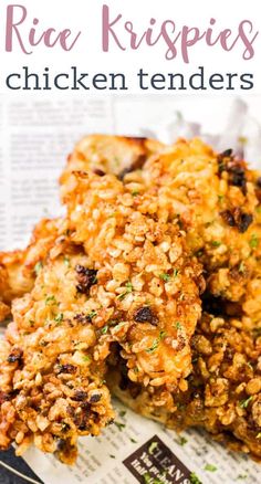 fried chicken tenders on a newspaper with text overlay that reads, rice krispies chicken tenders