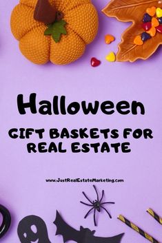 halloween gift baskets for real estate on purple background with text overlay that reads, halloween gift baskets for real estate