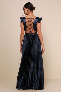 Navy Blue Maxi Dress - Backless Dress - Lace-Up Pleated Dress - Lulus Wedding Aesthetics, Navy Blue Maxi Dress, Accordion Pleats, Lulu Fashion, Adhesive Bra, Pleated Maxi Dress, Pleated Maxi, Blue Satin, Navy Blue Dresses