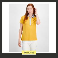 in stock Classic Yellow Polo Shirt For Spring, Classic Fitted Yellow Polo Shirt, Fitted Yellow Classic Polo Shirt, Fitted Yellow Polo Shirt For Spring, Yellow Polo Collar Top For Spring, Yellow Cotton Tommy Hilfiger Top, Yellow Tommy Hilfiger Cotton Top, Tommy Hilfiger Yellow Cotton Tops, Fitted Yellow Top With Polo Collar