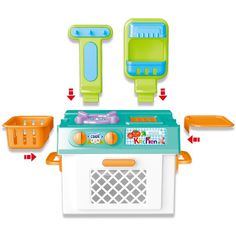 a toy kitchen set with various accessories on it