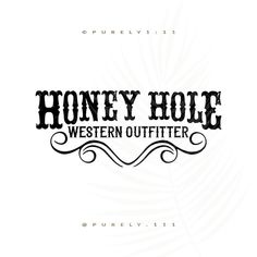 the honey hole western outfitter logo is shown in black and white, with an ornate swirl