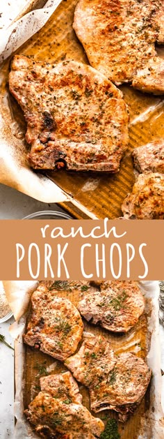 pork chops on a baking sheet with text overlay