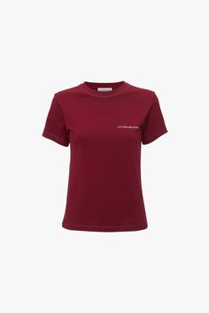 Crafted from 100% organic cotton for a tactile feel, the Shrunken Logo Tee has a round neckline and slim-fitting silhouette. A contrasting Victoria Beckham logo in distinctive Oxblood on the left front chest adds an attractive design feature. Styled with the Alina Jean & Frame Belt Victoria Beckham Exclusive Shrunken Logo Tee In Oxblood  - Size XL UK Red Organic Cotton Crew Neck Top, Classic Fitted Tops With Logo Print, Modern Crew Neck Top, Classic Crew Neck Tops With Branding, Classic Fitted T-shirt With Logo Print, Fitted Crew Neck Top With Branding, Organic Cotton Crew Neck Top With Logo Print, Organic Cotton Logo Print Crew Neck Tops, Basic Organic Cotton Top With Logo Print