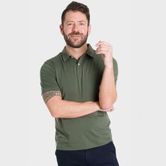 Ash & Erie Dark Green Tech Polo Shirt for Short Men   Tech Polo Shirt Functional Collared Polo Shirt For Golf, Moisture-wicking Collared Polo Shirt For Athleisure, Go-dry Short Sleeve Polo Shirt In Athleisure Style, Functional Short Sleeve Polo Shirt For Outdoor, Functional Cotton Collared Top, Functional Cotton Polo Collar Top, Go-dry Short Sleeve Polo Shirt For Athleisure, Moisture-wicking Polo Shirt For Athleisure, Functional Solid Color Short Sleeve Polo Shirt