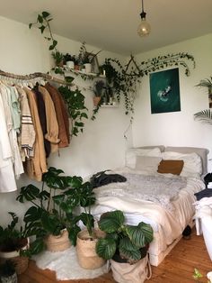 a bedroom with plants and clothes hanging on the wall