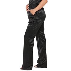 Color/Pattern: Black 100% Polyester Machine Wash Made In The Usa Black Satin Loungewear Bottoms, Black High Waist Satin Pants, Satin Pants With Elastic Waistband For Night Out, Black Full-length Satin Pants, Black Satin Wide Leg Bottoms, Black Full Length Satin Pants, Black Satin Full-length Pants, Black Satin High Waist Pants, Black Satin Wide Leg Pants