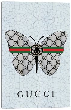 a butterfly with the gucci logo on it's wings is shown in white and red