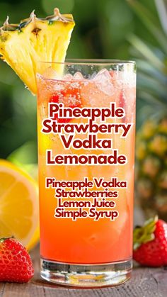 During sunny days at the bar, Pineapple Vodka Strawberry Lemonade is always a hit. This drink mixes sweet strawberries with tangy lemon and the tropical hint of pineapple vodka for a refreshing twist. Guests enjoy its fresh, lively taste, perfect for cooling down and relaxing. #pineapplestrawberryvodkalemonade via @mybartender Pineapple Vodka Lemonade, Lemonade With Alcohol Recipes, Cocktail Recipes With Lemonade, Best Sweet Alcoholic Drinks, Fresh Pineapple Drinks Alcohol, Good Summer Drinks Non Alcoholic, Alcoholic Drinks With Lemonade, Mixed Drinks With Pineapple Juice, Lemonade Mixed Drinks Alcohol