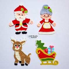 crocheted christmas ornaments with santa, reindeer and sleigh on white background