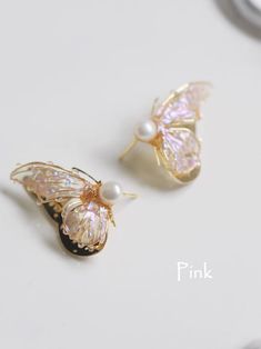 Handmade Creative Earring Multi-color Butterfly Earrings Pearl - Etsy Butterfly Charm Earrings As Gift, Butterfly Charm Wing-shaped Earrings For Gift, White Wing-shaped Earrings For Gift, Elegant Pink Butterfly Charm Earrings, Elegant Pink Earrings With Butterfly Charm, White Butterfly Shaped Pierced Earrings, Rose Gold Butterfly Pierced Earrings, White Pierced Butterfly Earrings, Delicate Butterfly Earrings Gift