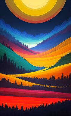 an abstract painting of trees and mountains with the sun in the sky above them on a black background