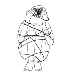 a black and white drawing of a woman wrapped up in yarn with her hands on her head