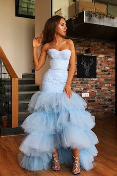 Mermaid Sweetheart Floor Length Tulle Paillette Prom Dress Layered Prom Dress, Blue Mermaid Prom Dress, Tulle Prom Dresses, Mermaid Sweetheart, Strapless Prom Dress, Mermaid Prom Dress, Prom Dress Stores, Blue Mermaid, Blue Tulle