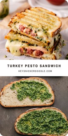 three different sandwiches with pesto on them and the words, turkey pesto sandwich