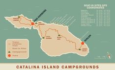 the catalina island campground map is shown in red and green, with several locations marked