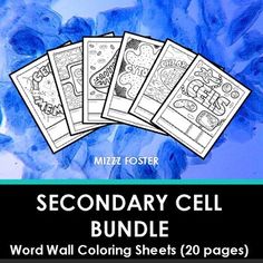 a set of five coloring sheets with the words secondary cell bundle on top of them