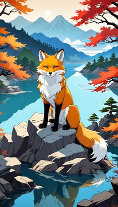 a fox sitting on top of a rock next to a river