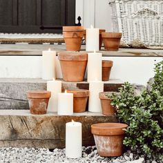 a bunch of candles that are sitting in front of some potted plants on the steps