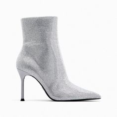 Genuine Zara New With Tag Material: Polyester Color: Silver Super Glamorous Satin Effect Fabric Upper Ankle Boots With Rhinestones. Size Zip Closure. Bling Bling Looks So Good On The Feet! Euro Size 37 Luxury Zara Party Boots, Elegant Sparkling Boots For Fall, Elegant Embellished Ankle-high Heels, Elegant Sparkling Heels For Winter, Sparkling High Heel Evening Boots, Chic Sparkling Evening Boots, Sparkling Evening Heels For Winter, Chic Embellished Ankle-high Heels, Elegant Winter Heels With Rhinestones