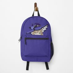 a purple backpack with an image of a woman wearing a hat and wings on it