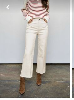 Cream Mid-rise Jeans For Fall, Cream Cropped Leg Fall Jeans, White Bottoms For Workwear With Standard Cut Leg, Cream Cropped Leg Jeans For Fall, White Standard Cut Leg Bottoms For Work, Standard Cut Leg White Bottoms For Work, Fitted Cream Jeans For Fall, Fall Cream Cropped Leg Jeans, Cream Cropped Leg Workwear Bottoms