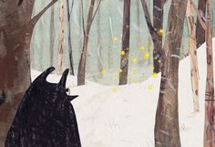 a drawing of a black bear in the woods with yellow flowers on it's nose