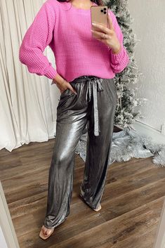 Monty Metallic High Waist Pants Metallic Silver Pants, Silver Pants Outfit, Pants For Winter, Silver Pants, Ruched Midi Skirt, Metallic Pants, Waffle Knit Sweater, High Waist Pants, Comfy Sweaters