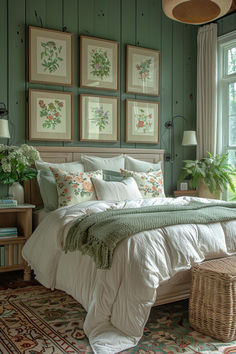 40 Relaxing Aesthetic Bedroom Inspirations for Calm Nights Green Relaxing Bedroom, Cottage Bedroom Green Walls, Blue Green Master Room, Green Cottage Bedroom Ideas, Guest Bedroom Cottage, Aesthetic Bedroom Paint Colors, Calm And Serene Bedroom Ideas, Green Floral Bedroom Ideas, Anne Of Green Gables Aesthetic Bedroom