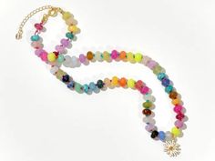 Rainbow Multi Gemstone Necklace, Semi-precious Rondelle Beads & Pendant: the Neon Sunflower Gemstone Necklace, Unique Jewelry - Etsy Multicolor Beaded Necklaces With Flower Charm, Multicolor Flower-shaped Beaded Chain Jewelry, Multicolor Beaded Flower Necklace, Multicolor Floral Beaded Chain Jewelry, Multicolor Jewelry With Flower Charm And Round Beads, Multicolor Beaded Chain Flower Necklace, Multicolor Round Beads Jewelry With Flower Charm, Multicolor Flower Necklace With Colorful Beads, Multicolor Flower Charm Jewelry With Round Beads