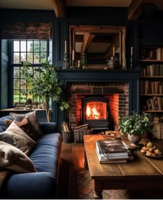 a living room filled with furniture and a fire place in the middle of it's fireplace