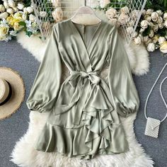 Elegant Mini Dress, Wrap Mini Dress, Layered Dress, Puff Long Sleeves, Ruffle Mini Dress, Long Puff Sleeves, Long Sleeve Maxi, Mini Wrap Dress, Drop In