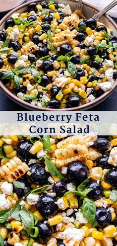 blueberry feta corn salad in a bowl with two servings on the side