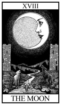 a black and white drawing of a woman's face with the moon above her head