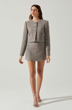 Tweed fabric Statement button details Front flap pockets Cropped silhouette Dry clean only Self: 70% Polyester, 30% Wool, Lining: 100% Polyester Tweed Cropped Jacket, Tweed Crop Top, Cropped Jackets, Tweed Jackets, Tweed Suit, Suit Vintage, Womens Tweed, Preppy Look, Tweed Suits