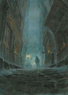 a painting of a man walking down a street in the middle of an alley way