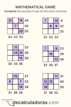 the worksheet for this math game is filled with puzzles to help students learn how to