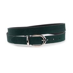 Elevate your wardrobe with our Dark Green Suede Ladies Reversible Belt, a luxurious accessory designed to add elegance to any outfit. Made from genuine suede leather, this double-sided belt offers a rich dark green suede on one side and classic black leather on the reverse, giving you two chic options in one versatile piece. With a belt width of 1 1/8" (3.0 cm), this belt provides a comfortable and flattering fit, perfect for both casual and formal attire. The nickel silver buckle adds a sleek, Reversible Belt, Dress Belt, Nickel Silver, Green Suede, Suspender Belt, Formal Attire, Leather Dress, Double Face, Stylish Accessories