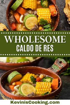 two pictures with the words wholesome caldo de res in front of them and an image