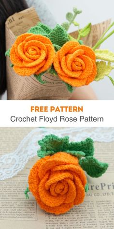 crochet flower rose pattern is shown in three different colors, and the same size