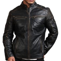 Looking for something casual yet vintage? Look no more because men's black distressed vintage leather jacket is just what you're looking for. Made using 100% genuine leather this distressed biker jacket is one of the finest jacket out in the market. Men's Biker Leather Jacket in Genuine Leather- Black Distressed Leather Jacket Outfit Type: Biker Leather Jacket Material: Outer: Real Leather Inner: Premium Lining Color: Black Zipper: YKK Collar: Stand Collar Pockets: 4 Zipper Pockets Sizes availab Leather Jacket Outfit, Black Leather Motorcycle Jacket, Distressed Leather Jacket, Biker Leather Jacket, Leather Jacket Outfits, Jacket Outfit, Biker Leather, Vintage Leather Jacket, Leather Motorcycle Jacket