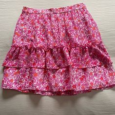 Comfortable Skirt With Elastic In The Back For Extra Stretch! Fully Lined. Questions? Leave A Comment Below! 2024 Clothes, Comfortable Skirts, Tiered Ruffle Skirt, Ruffle Skirt, Orange Pink, Pink Orange, Color Orange, Pink And Orange, J Crew