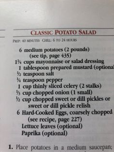 the recipe for classic potato salad is shown in an open book, with instructions on how to make it