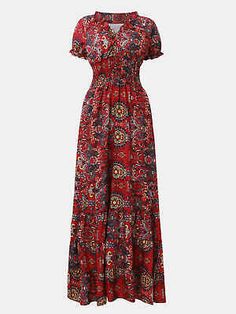 Women's Dress- Full Size Smocked Printed V-Neck Short Sleeve Dress | eBay Casual Maxi Dress With Ruched Empire Waist, Casual Ruched Maxi Dress With Empire Waist, Casual Smocked Empire Waist Dress, Fitted Bohemian Smocked Dress With Short Sleeves, Bohemian Ruched Short Sleeve Maxi Dress, Bohemian Ruched Maxi Dress With Short Sleeves, Casual Red Maxi Dress With Smocked Back, Casual V-neck Smock Dress, Casual Multicolor Dress With Elastic Neckline