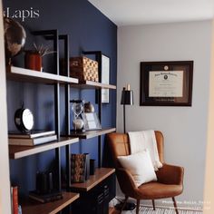 a chair and some shelves in a room