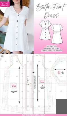 Button Front Mini Dress Sewing Pattern Downloadable Sewing Patterns Free, Simple Sewing Patterns Shirt, Sleeve Less Dress Pattern, Button Front Jumper Dress Pattern, Free Downloadable Dress Patterns, Simple Sewing Pattern Free, Shirt Dress Pattern Free, Button Down Dress Pattern, Button Dress Pattern