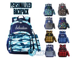 "Whether this Backpack is for school or travel, it is the perfect combination of fun and functional! Plenty of room for all the essentials and perfect for school, camp and field trips.  Set includes backpack with name or monogram and the plain attached pencil case. Please be sure to put the NAME/MONOGRAM and font color in the NOTES section of your order.  If you have any questions or would like an option not shown, please feel free to CONVO me! BACKPACK with Monogram -Perfect Size:  Roomy 3 comp Customizable Standard Backpack For Back To School, Customizable Backpack For Daily Use And Back To School, Customizable Daily Use Backpack, Customizable Blue Backpack For Travel, Customizable Backpack For Back To School, Customizable Backpack For Everyday Use, Customizable Rectangular Backpack For Daily Use, Customizable Rectangular School Backpack, Personalized Blue Backpack For Travel