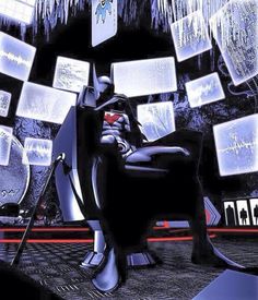 a batman sitting in a chair surrounded by lights