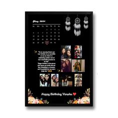 a black calendar with pictures of people and flowers on the front, hanging from strings